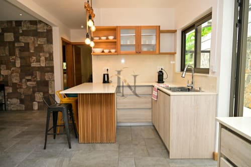 Cuisine moderne de la villa Nora à Gerards & Angel, Grand Baie, avec meubles en bois, îlot central et équipements en acier inoxydable