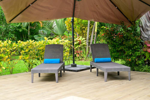 Deux transats en rotin gris avec coussins bleus sous un parasol marron au jardin tropical de la villa Gerards & Angel, Grand Baie