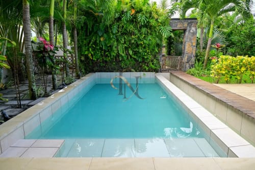Piscine turquoise de la villa Gerards & Angel à Grand Baie, Maurice, entourée de jardins tropicaux luxuriants et de bois