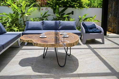 Élégant espace de détente extérieur à la villa Gerards & Angel avec table en bois, canapé bleu aux coussins confortables et plantes tropicales à Petit