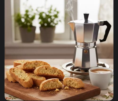 Petit-déjeuner italien à la Rome House Rental avec biscotti, cafetière moka et tasse à espresso