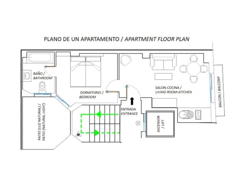 Plano del apartamento CALMA Benidorm con dormitorio, baño, cocina-salón, balcón y entrada con detalles verdes