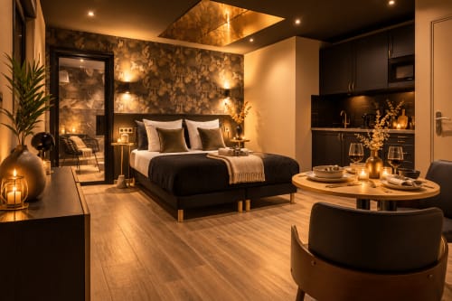 Suite spa luxueuse SPA LE CLANDESTIN Arras avec lit king size, éclairage d'ambiance, kitchenette et coin repas