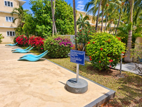 Tropical garden at Gerards & Angel, Flic-en-Flac with colorful flowering plants, palm trees, and blue lounge chairs near pool