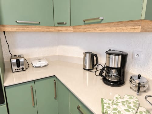 Modern kitchenette in Ti Palmier apartment at Gerards & Angel, Flic-en-Flac, with green cabinetry, white countertop, and