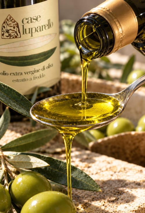 Olio extra vergine di oliva Case Luparello versato in un cucchiaio con olive fresche e foglie a Noto, Sicilia