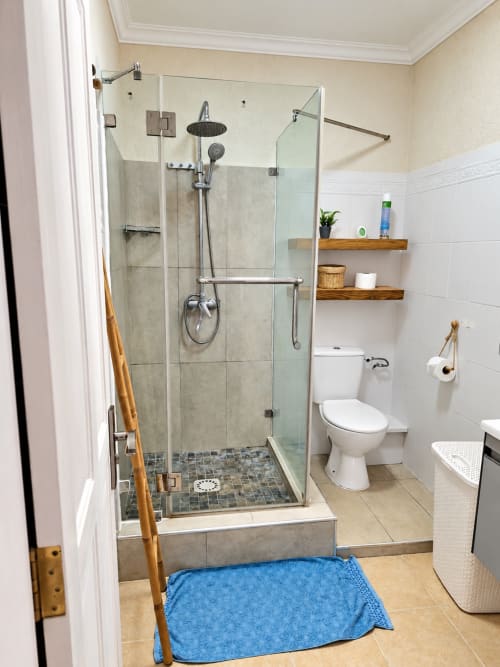 Modern bathroom with glass-enclosed shower, white toilet, wooden shelves, and blue mat at Gerards & Angel apartment in Flic