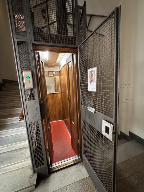 Ascensore vintage con zerbino rosso presso il Buonanotte Colosseo B&B a Roma, con porte in rete metallica e rivestimento in legno