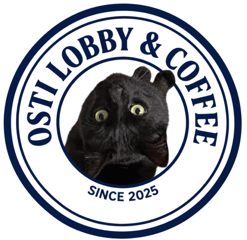 Osti Lobby & Coffee logo featuring black cat with yellow eyes, Ghent hotel since 2025