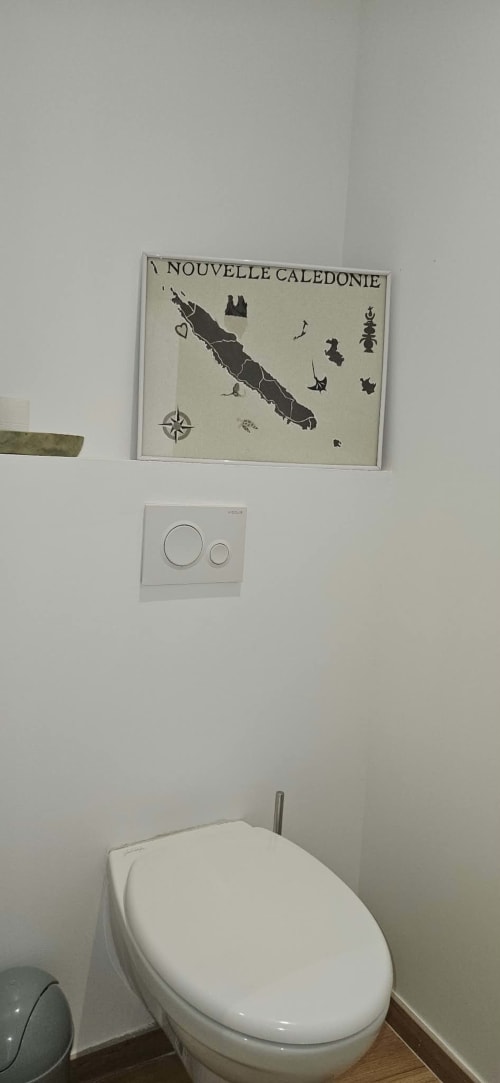 Salle de bain de Villa Azura, Carcassonne : toilettes blanches avec décalcomanie de carte de Nouvelle-Calédonie au mur