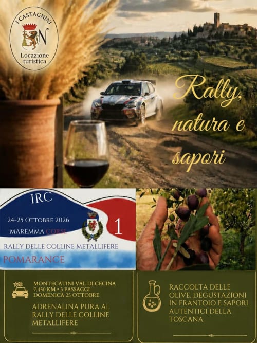Evento di rally presso I Castagnini vicino Montecatini Val di Cecina con auto da corsa, vino toscano e raccolta di olive