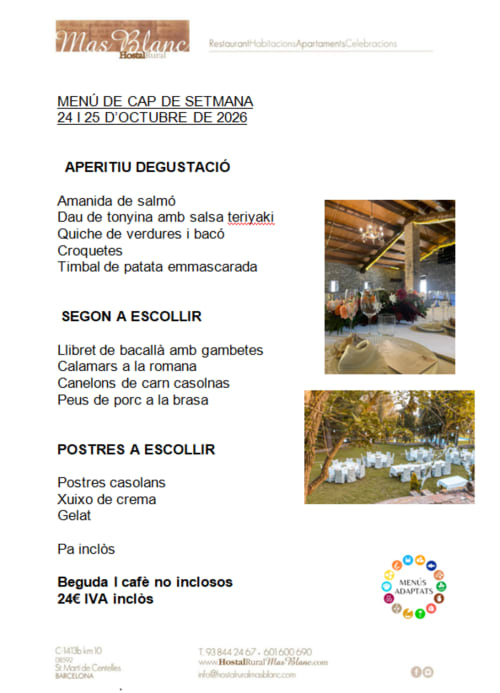 Menú semanal Mas Blanc para el 24-25 de octubre de 2026 con entrantes, platos principales y postres en Barcelona