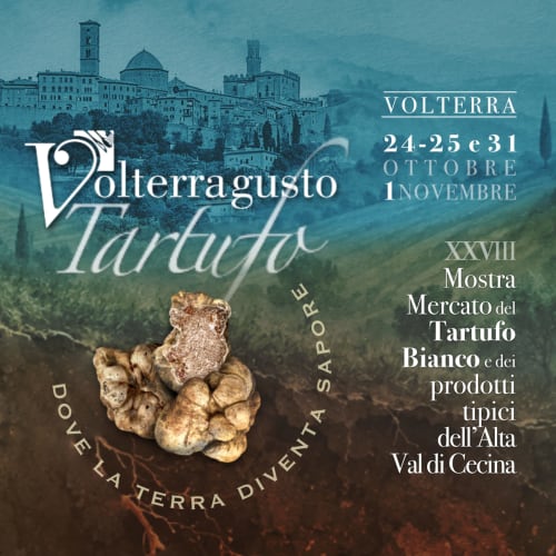 Manifesto dell'evento Volterragusto Tartufi a Volterra, ottobre-novembre, con tartufi bianchi e prodotti della Val di Cecina