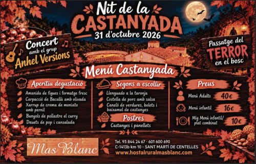 Cartel del evento Nit de la Castanyada 2026 - Menú del restaurante Mas Blanc y detalles del concierto en Sant Martí de Centelles, Barcelona