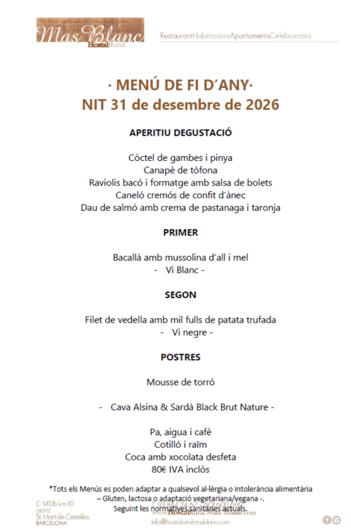 Menú de Nochevieja 2026 de Mas Blanc Hostal Rural con platos catalanes y maridajes en Sant Martí de Centelles