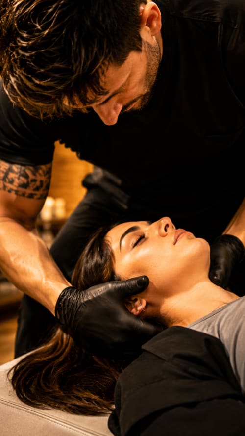 Terapeuta spa che esegue un massaggio facciale presso il Ristorante Hotel Moderno, Serina, Italia