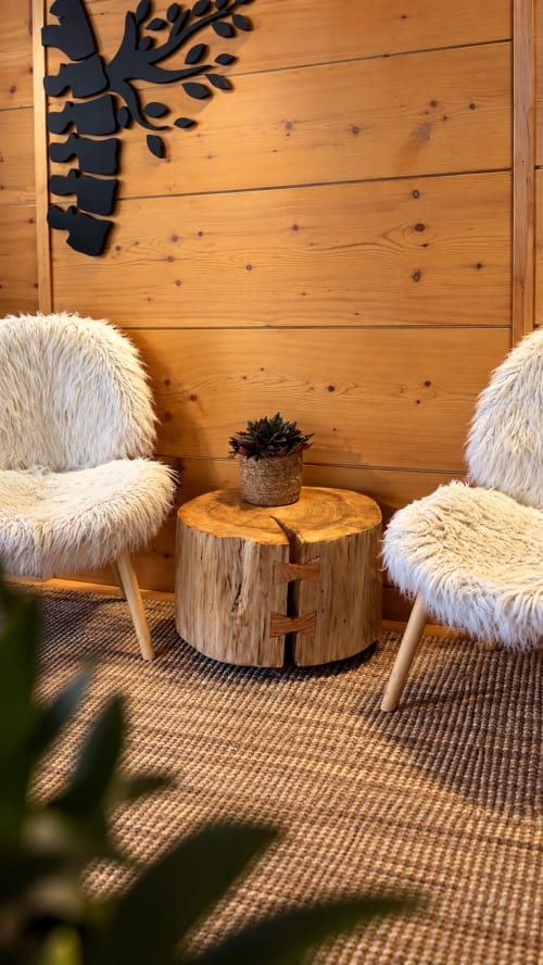 Accogliente angolo relax all'Hotel Moderno con due poltrone bianche in pelliccia, tavolino in legno con pianta grassa e decorazione murale in legno.
