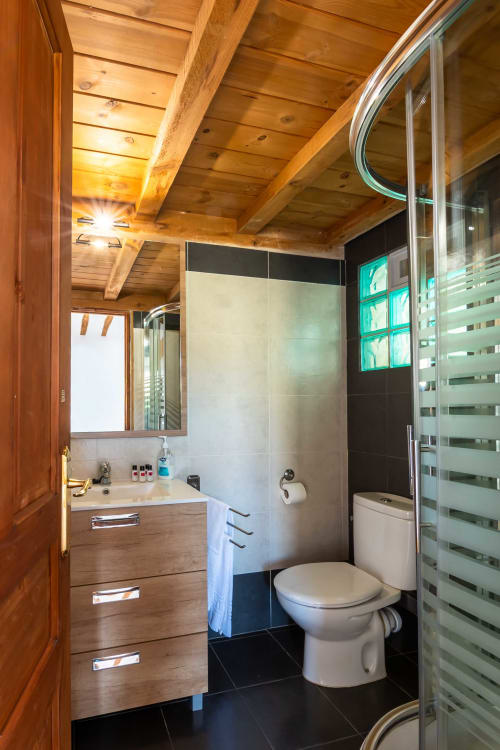 Modern bathroom with wooden vanity, toilet, shower, and frosted glass partition at Casas Rurales La Viña