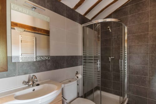 Modern bathroom in La Viña 2 apartment with sink, toilet, shower enclosure, and dark tile walls