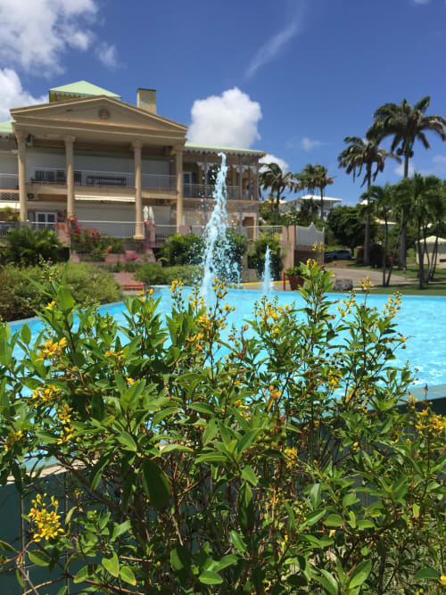 Zone piscine d'Appartement Kfé Chocolat avec eau turquoise, fontaine, plantes tropicales et bâtisse de style colonial sous ciel bleu