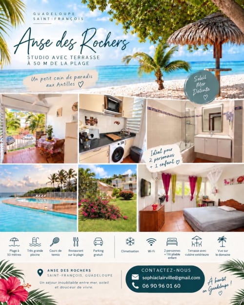 Studio Anse des Rochers en Guadeloupe avec terrasse plage, piscine et équipements modernes