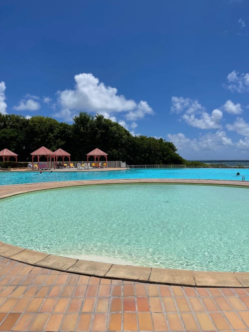 Piscine turquoise avec palmiers et cabanons aux toits rouges à l'Appartement Kfé Chocolat, Guadeloupe