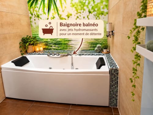 Baignoire de luxe avec jets hydromassants au gîte de Péret, décorée de plantes et bougies pour la détente