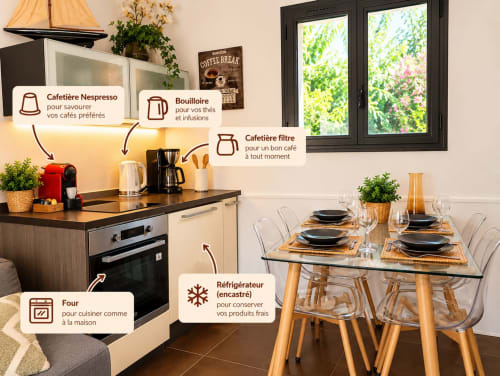 Cuisine moderne et salle à manger de la maison d'hôtes Cœur d'Hérault avec appareils et vue sur le jardin