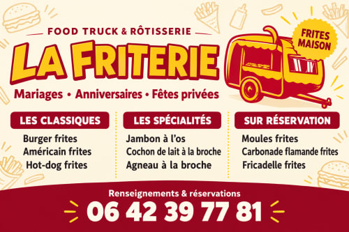 La Friterie food truck menu for Morville le Héron with burgers, hot dogs, rotisserie specialties and reservations info