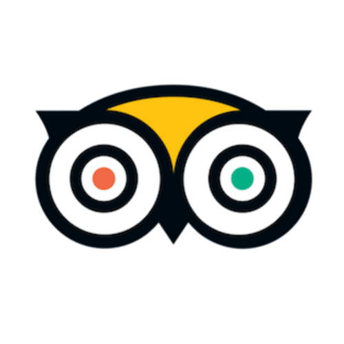 Stylized owl logo with yellow forehead, white eyes with colored pupils, and dark outline representing Alemanys 5 hotel in