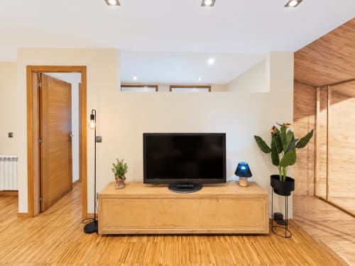 Sala de estar moderna con televisor, muebles de madera y plantas en el apartamento Aire de Baiona, centro de la ciudad