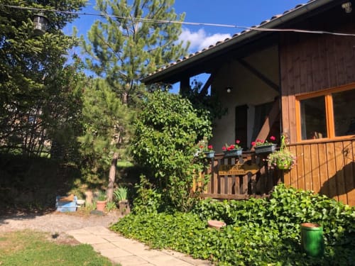 La Méridienne B&B à Venterol : chalet rustique en bois avec terrasse fleurie, jardins luxuriants et pins