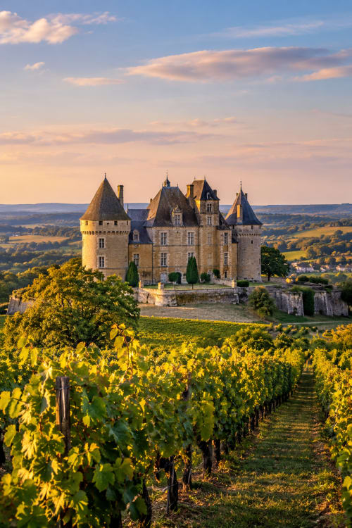 Château médiéval entouré de vignobles dorés dans la vallée de la Dordogne, Eymet France