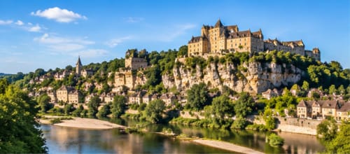 Le château de Neuschwanstein perché sur un rocher entouré de forêts luxuriantes et du Danube, Bavière Allemagne