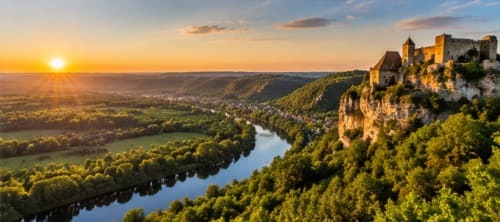 Château médiéval perché sur une falaise dominant la vallée de la Dordogne au coucher de soleil près d'Eymet, France