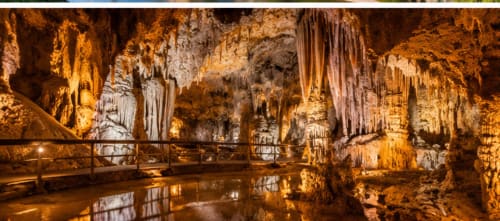 Grotte aux stalactites dorées, lac souterrain et passerelle en bois à l'Hôtel les Vieilles Pierres, Eymet