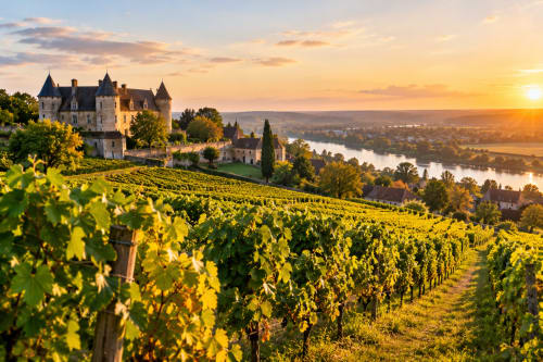 Château médiéval dominant les vignobles dorés et la vallée fluviale au coucher du soleil à Eymet, France