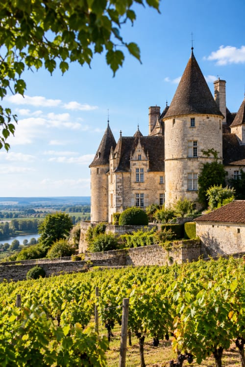 Château médiéval entouré de vignobles dominant la vallée de la Dordogne à Eymet, France