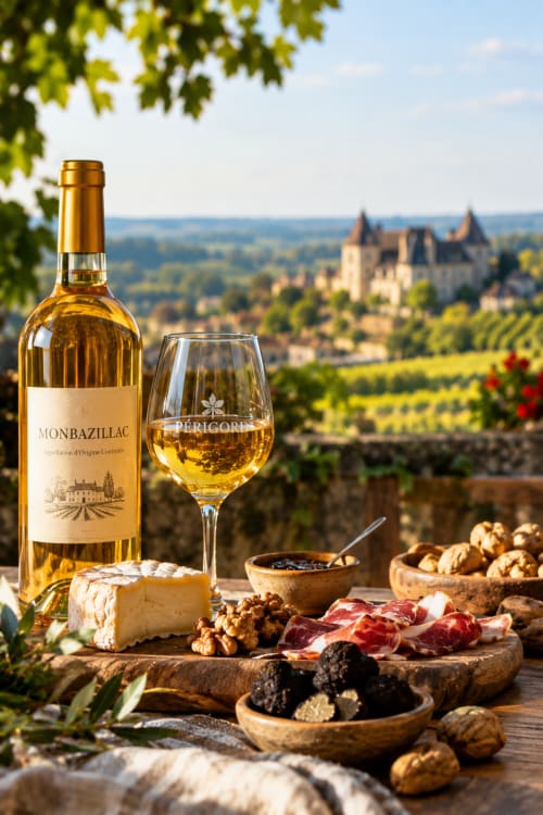 Plateau de charcuterie et vin de Monbazillac avec vue sur le château à Eymet, France