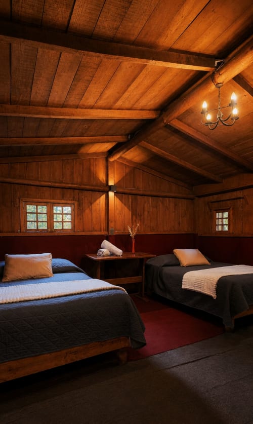 Rustic wooden cabin bedroom at Cabañas el Encanto with two beds, exposed beam ceiling, and warm lighting in Las Vigas, Mexico