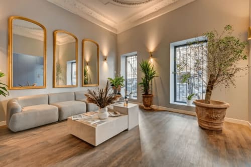 Lobby del Boutique Hôtel Provencia di Marsiglia con arredi moderni, specchi, piante e pavimenti in legno
