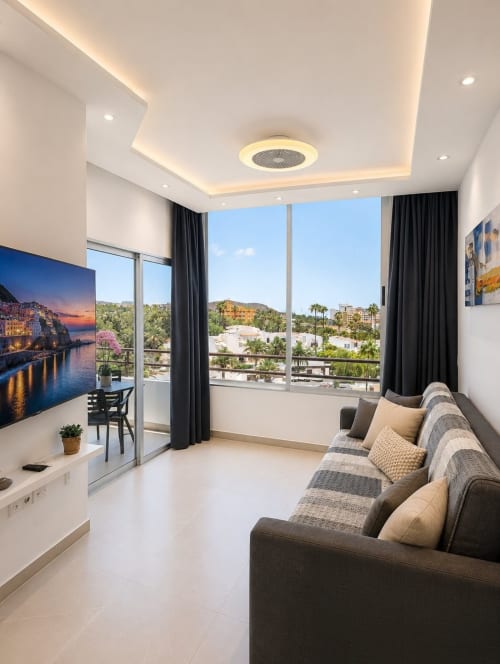 Modern Costa Adeje apartment with sea view, striped sofa, floor-to-ceiling windows, and palm tree landscape at Manage Home