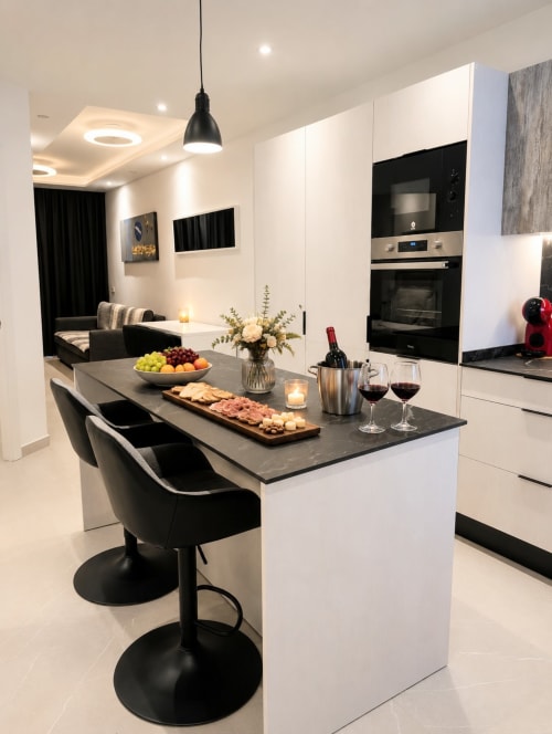 Modern kitchen in Manage Home Tenerife apartment with island, black bar seating, and sea view in Costa Adeje