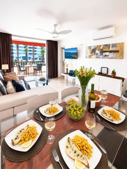 Dining table set for four with fish and chips in Tenerife apartment, living room and balcony view