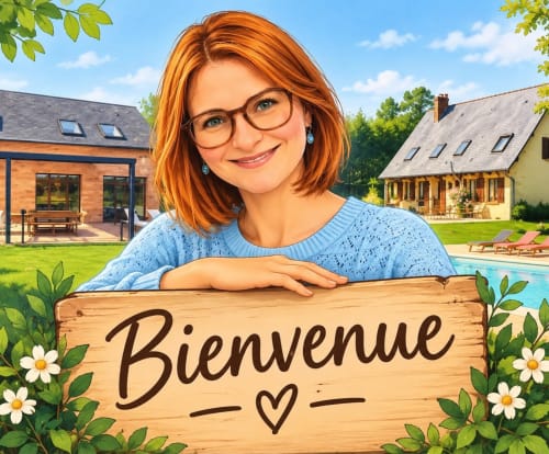 Illustration de bienvenue : notre hôtesse devant les deux gîtes du Domaine du Verger en Auge et la piscine