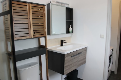 Salle de bain moderne du T2 Hibiscus à Maisons En Or, Cayenne, avec lavabo, miroir et rangements