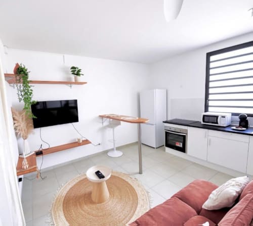Studio moderne à Cayenne avec kitchenette, séjour, télévision écran plat et touches de bois