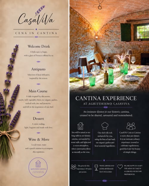 CasaViVa Agriturismo cantina dinner menu and rustic stone dining room setup in Pozzo della Chiana