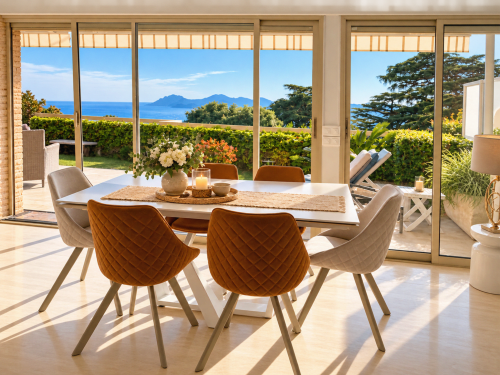 Élégante salle à manger avec vue sur mer dans un appartement à Cannes, mobilier contemporain et littoral méditerranéen