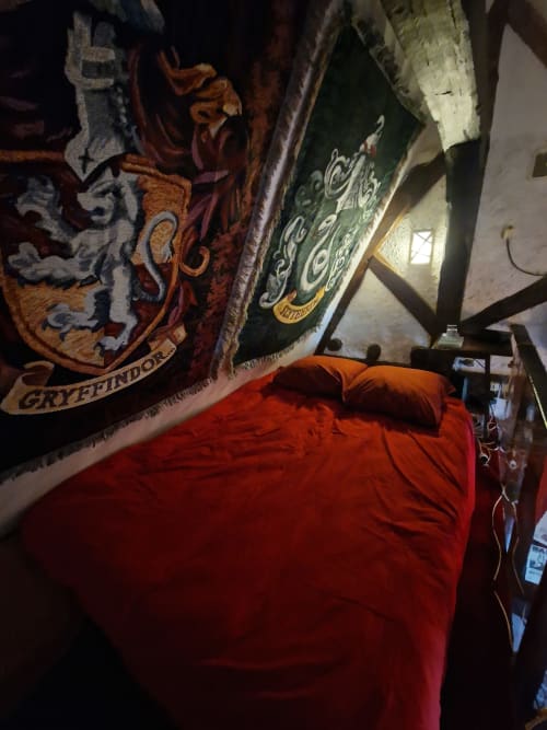 Chambre thématique Harry Potter à l'hôtel Accolade de Châteaudun avec tapisserie Gryffondor et literie rouge